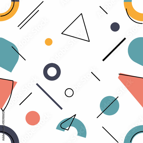 Abstract seamless geometric pattern in a contemporary flat design style, featuring colorful shapes and lines for modern backgrounds and creative projects