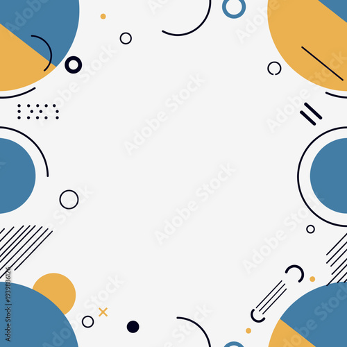 Modern flat design elements arranged in a minimalist composition featuring shapes, circles, lines, and geometric patterns