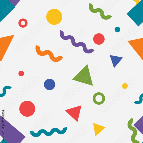 Vibrant flat design elements including shapes, circles, triangles, and squiggles arranged in a lively composition on a clean background viewed from directly above