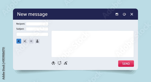 Screenshot of a computer screen displaying a new message window with a dark blue header and a red send button on a light blue background.