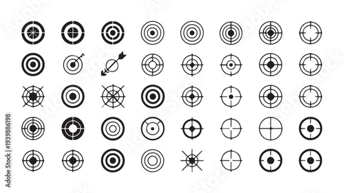 A collection of 30 different black and white target icons and symbols, including archery targets and crosshairs, displayed in a grid layout