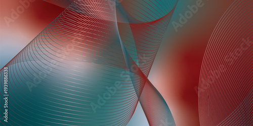 Abstract DarkSalmon, DarkRed and Teal glowing streams bending smoothly over a deep shadowy background with fine glittering particles, futuristic technology atmosphere, vector design.