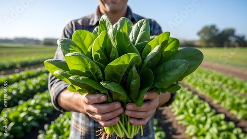Man holding a bunch of fresh green leafy vegetables in a field