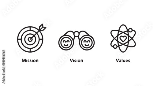 Minimalist black and white illustration depicting mission, vision, and values symbols in a simple, modern design