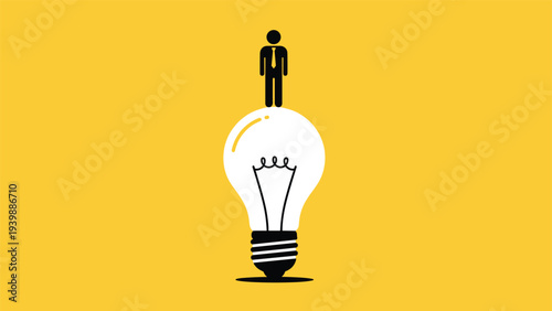 Silhouette of a business person standing on top of a large glowing light bulb, representing being on top of a great idea or innovation.