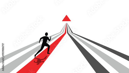 Silhouette of a person running along a red path that converges with gray lines towards a red triangle at the horizon, representing focused goals.