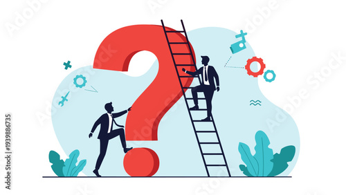 Two businessmen using a ladder and climbing steps on a giant red question mark, depicting the search for answers and problem solving in business.