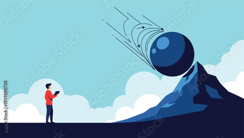 Small businessman standing on a path and watching a massive dark blue ball roll down a mountain, symbolizing impending danger or a huge challenge.