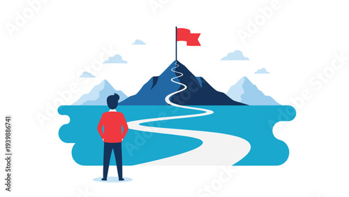 Person in a red shirt standing at the beginning of a long winding road leading up a high mountain peak towards a red flag, signifying a goal.