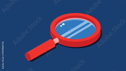 Isometric illustration of a bright red magnifying glass with a blue lens and reflections, placed centrally on a deep dark blue background.