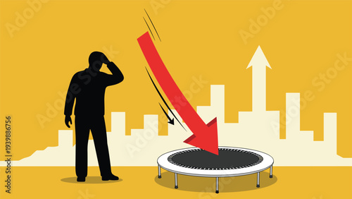 Concerned silhouette of a man watching a large red downward arrow bounce back up from a white trampoline, symbolizing economic recovery and resilience.