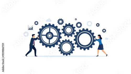 Man and woman in professional attire working together to turn massive blue interconnected gears, symbolizing cooperation and mechanical teamwork.