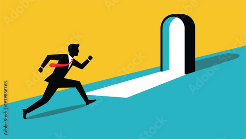 Silhouette of a businessman in a suit running fast towards a glowing white arched portal, representing the pursuit of new opportunities and success.