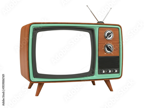 Vintage television set with retro design and colorful screen isolated on transparent background