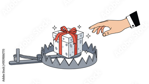 Detailed hand reaching out towards a white gift box with a red bow placed inside a dangerous steel bear trap, illustrating hidden risks and lures.