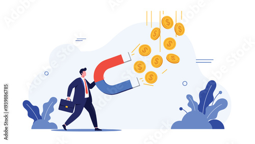 Successful businessman holding a large red and blue magnet to attract numerous falling gold coins, representing wealth attraction and financial gain.