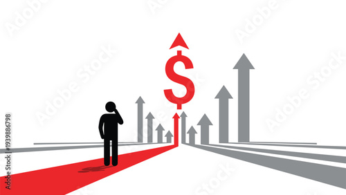 Silhouette of a person standing on a red path leading to a massive red dollar sign surrounded by several gray upward-pointing arrows on a white background.