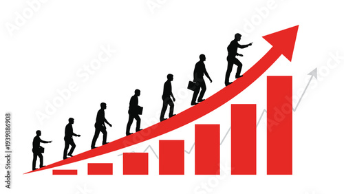 Silhouette figures of people walking up a steep red arrow soaring over a red bar chart to illustrate collective success and growth.
