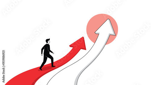 Businessman walking up a red rising arrow while a larger white arrow curves even higher into a bright pink circle to show competitive growth.