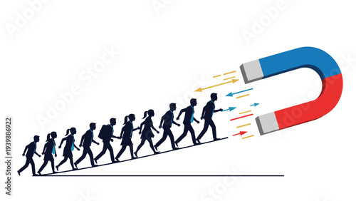 Huge horseshoe magnet pulling a line of diverse business people up a slope towards it representing attraction and talent recruitment.