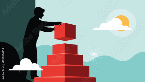 Man in silhouette carefully placing the final red block onto a pyramid stack to represent the completion of a project or goal at sunset.