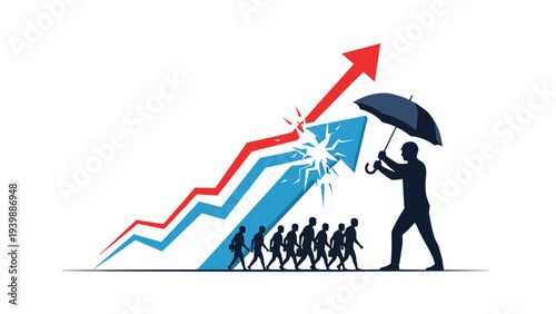 Heroic figure holding an umbrella to shield a group of people from a breaking blue arrow under a rising red growth line graph for protection.