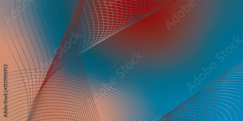 Abstract DarkSalmon, DarkRed and Teal glowing streams bending smoothly over a deep shadowy background with fine glittering particles, futuristic technology atmosphere, vector design.