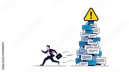 Stressed businessman running away from a high tower of speech bubbles topped with a yellow exclamation warning sign icon to avoid overload.