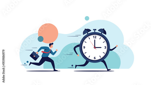 Businessman with a briefcase running alongside a giant alarm clock with legs and arms to represent racing against time and deadlines.
