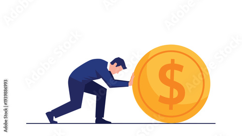 Determined businessman in a blue suit pushing a massive gold dollar coin on a flat white surface to represent financial effort and hard work.