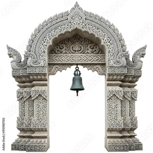 Intricate stone archway with a hanging bell in traditional architectural style isolated on transparent background