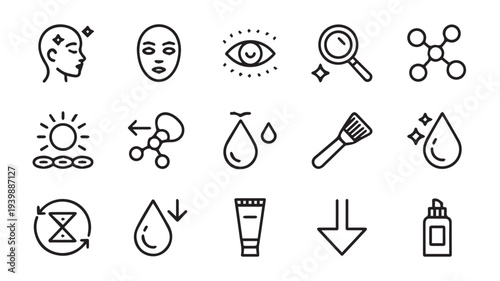 A set of 16 black and white line art icons representing skincare and beauty concepts including facial care and product application