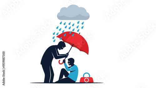 Compassion and support concept shows a kind person holding a red umbrella over someone sitting in the rain to represent helping others in need.