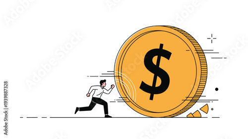 Energetic businessman runs while pushing and rolling a giant golden dollar coin to represent active financial management and pursuing profits.