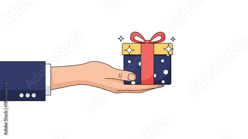 Hand extends forward to offer a beautifully wrapped blue gift box with a red ribbon and sparkles to represent generosity and customer rewards.
