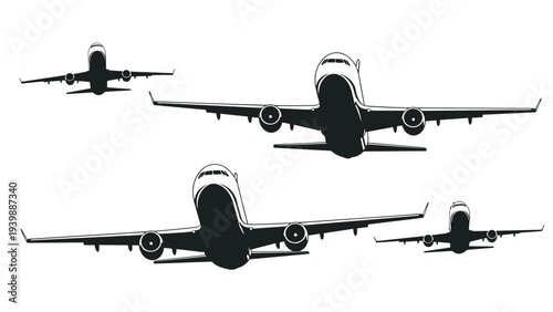 Group of commercial airplanes flies together in formation across a white background to represent global travel, logistics, and transportation.