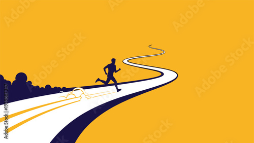 Determined runner sprints along a long winding road that stretches into the distant horizon to symbolize the marathon journey of building a career.