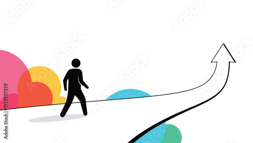 Stick figure man walks along a long white path that eventually curves upward into an arrow to represent progress and gradual business growth.