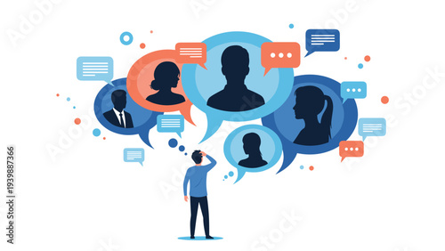 Thinking man looks at several speech bubbles containing profiles of different people to represent social networking and community interaction.