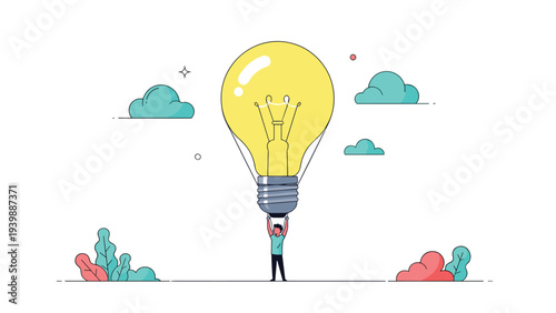 Man holds a giant glowing light bulb above his head against a cloudy sky to represent carrying a great idea or being an innovative leader.