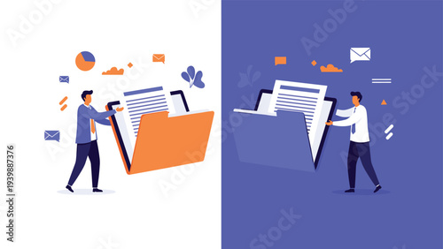 Two office workers manage large folders containing documents to represent efficient data organization and modern office administration tasks.