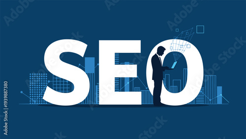 Professional specialist uses a laptop while standing next to large SEO letters and a city skyline to symbolize digital marketing and visibility.