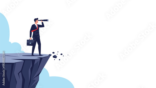 Businessman stands on the edge of a rocky cliff and looks through a telescope to represent vision, market research, and strategic foresight.