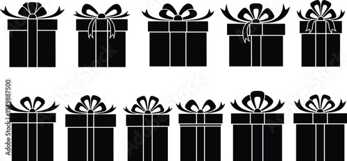 Set of eleven black gift box silhouettes with various ribbon bows and decorative wrapping styles for holiday celebrations and greeting cards.