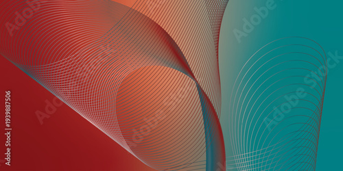 Abstract DarkSalmon, DarkRed and Teal glowing streams bending smoothly over a deep shadowy background with fine glittering particles, futuristic technology atmosphere, vector design.