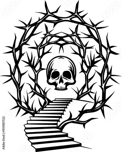 SVG gothic skull reaper with hellfire tattoo design. Skull Surrounded by Thorny Branches with Staircase Illustration