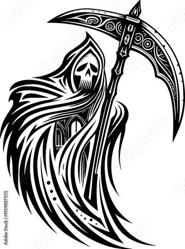 SVG gothic skull reaper with hellfire tattoo design. Grim Reaper Illustration with Scythe in Black and White Style