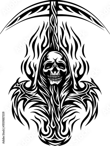 SVG gothic skull reaper with hellfire tattoo design. Grim Reaper Design with Flames and Artistic Elements