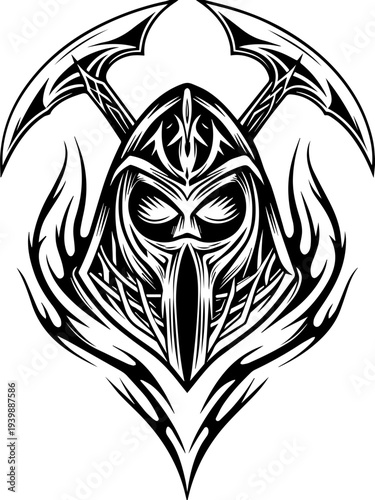SVG gothic skull reaper with hellfire tattoo design. Black and White Tribal Skull with Scythe Design