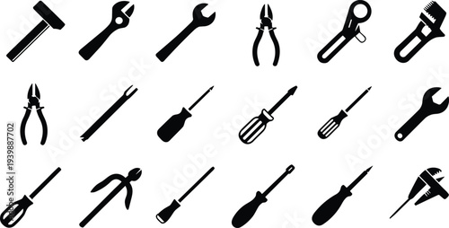 Hand tools silhouette icons set hammer wrench pliers screwdriver repair equipment collection black vector illustration isolated for construction mechanic design